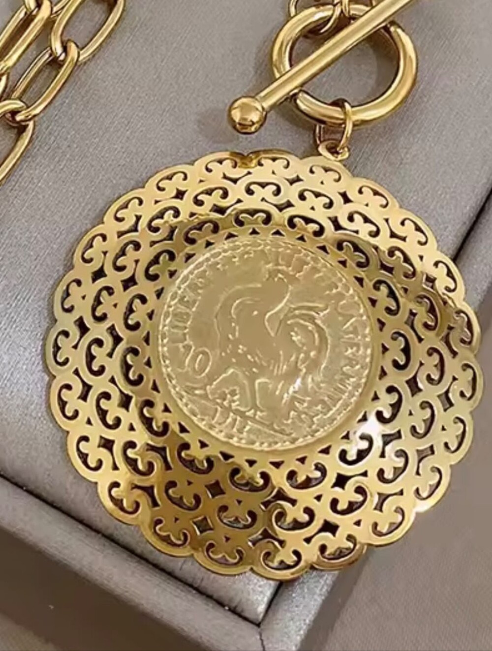Gold Filigree Coin Pendant Chain Necklace - Picture 2 of 7